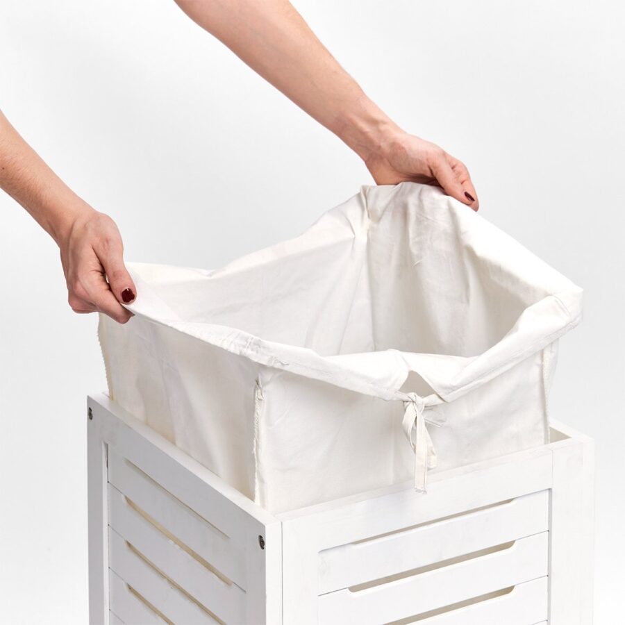 Wäschesammler, Holz/Canvas, weiß lackiert
