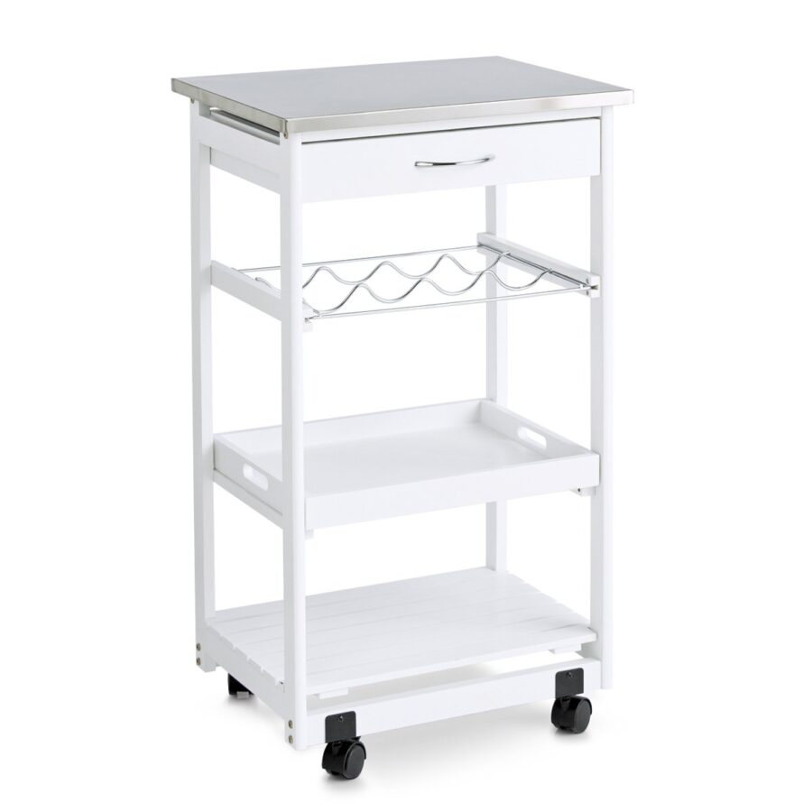 Küchenrollwagen m. Edelstahltop, Kiefer, weiß