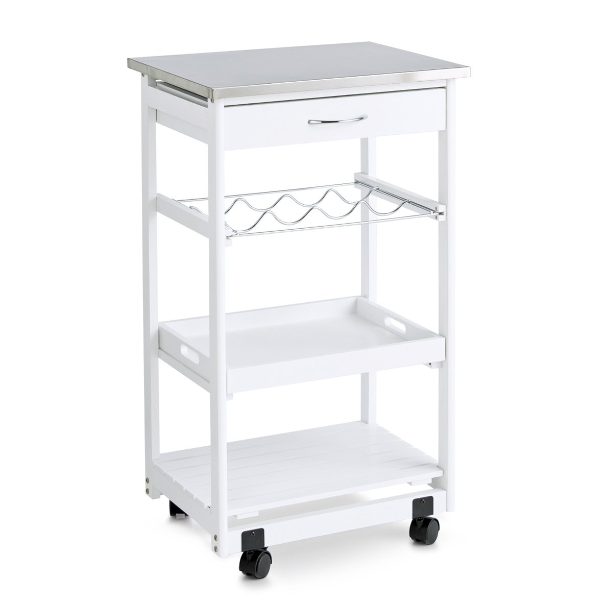 Küchenrollwagen m. Edelstahltop, Kiefer, weiß