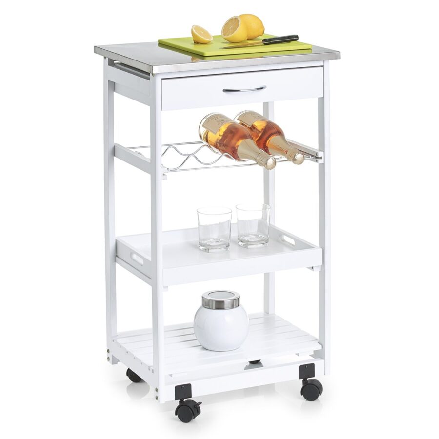 Küchenrollwagen m. Edelstahltop, Kiefer, weiß