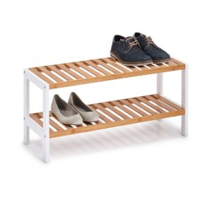 Schuhregal m. 2 Ablagen, Bambus/MDF, weiß