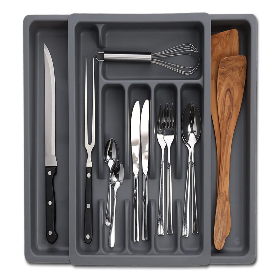 Besteckkasten, ausziehbar, Kunststoff, grau