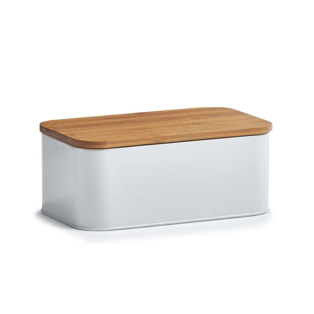 Brotkasten m. Bambusdeckel, Metall, matt weiß