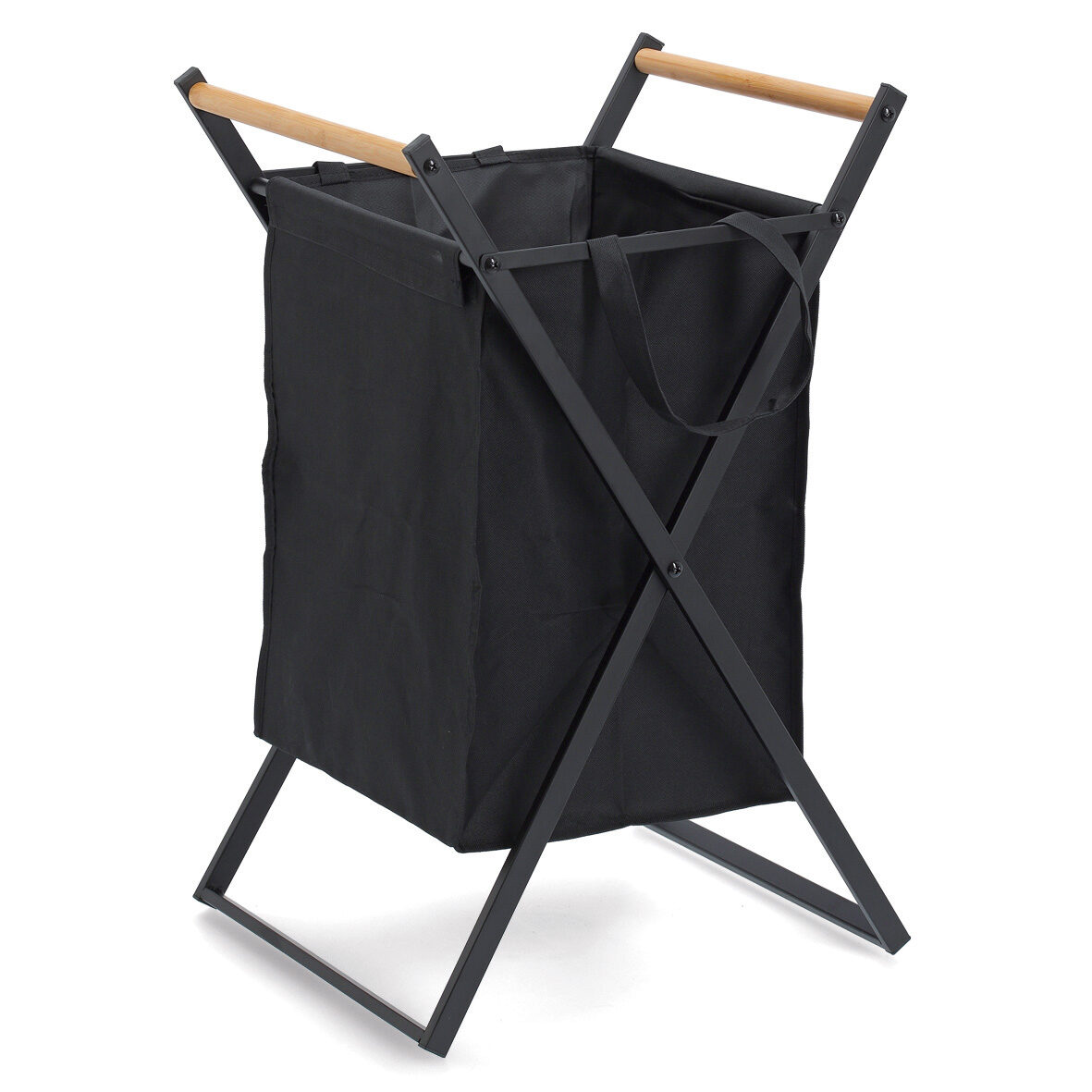 Wäschesammler, Metall/Holz/Polyester, schwarz