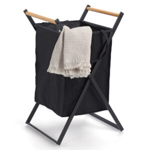 Wäschesammler, Metall/Holz/Polyester, schwarz