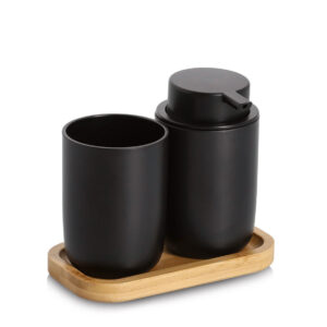 Bad-Accessoires-Set, 3-tlg., Kunststoff/Bambus,