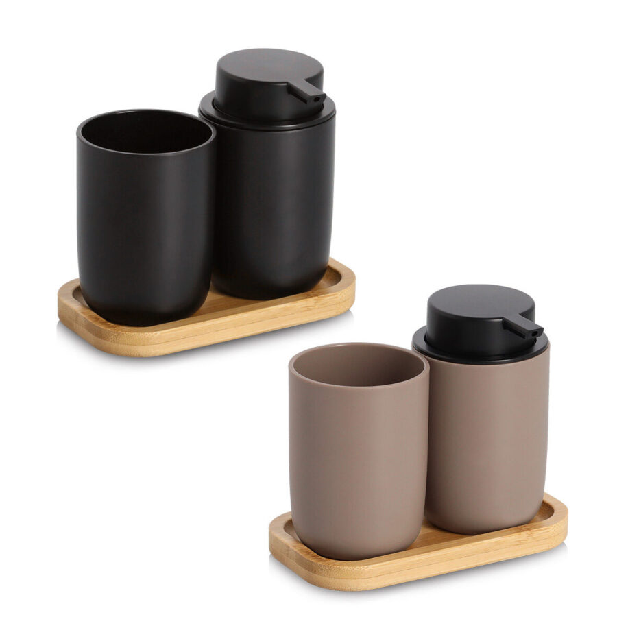 Bad-Accessoires-Set, 3-tlg., Kunststoff/Bambus,