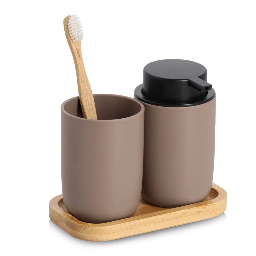 Bad-Accessoires-Set, 3-tlg., Kunststoff/Bambus,