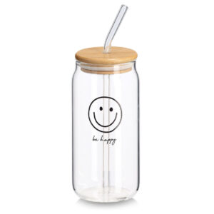 Trinkglas "Happy" m. Bambusdeckel u. Glastrinkhalm