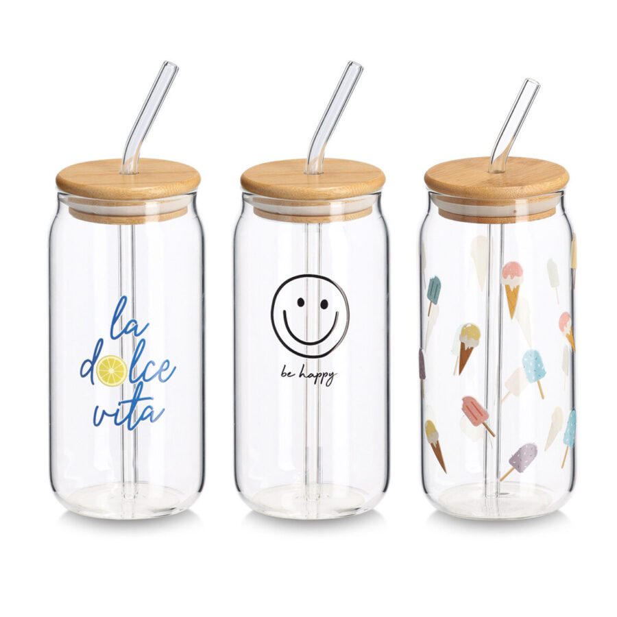 Trinkglas "Happy" m. Bambusdeckel u. Glastrinkhalm