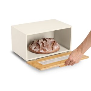Brotkasten m. Klappe, Metall/Bambus, beige
