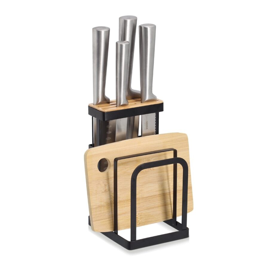 Messerblock mit Brettchenständer, Metall/Bambus,