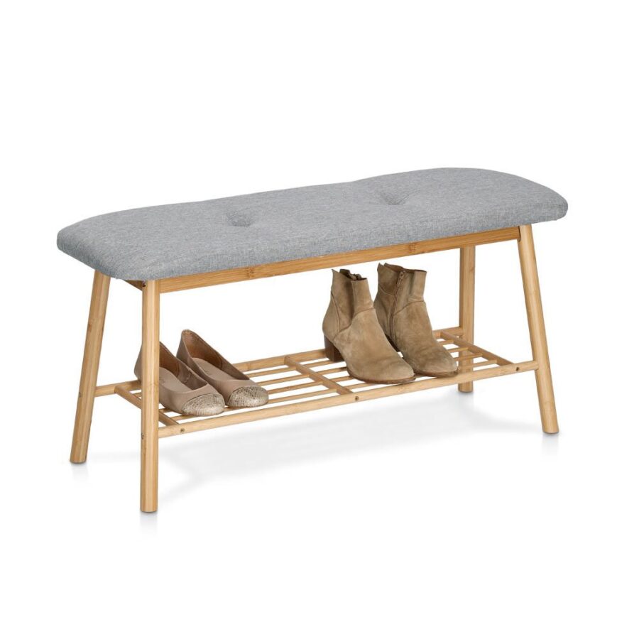 Schuhbank m. Ablage, Bambus/Leinen, grau – Ansicht 2