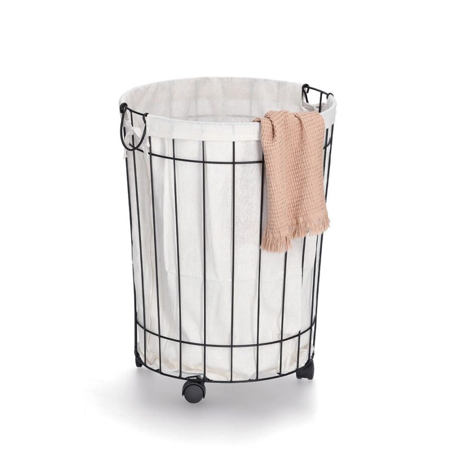 Wäschesammler m. Rollen, Metall/Canvas, schwarz – Ansicht 2