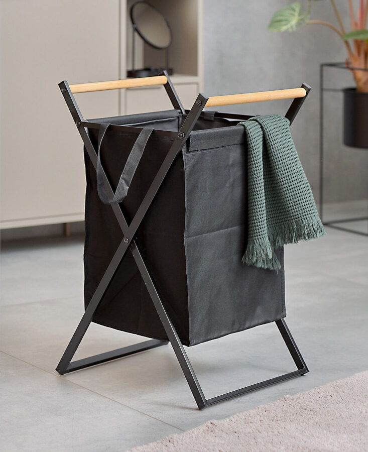 Wäschesammler, Metall/Holz/Polyester, schwarz – Lifestyle 1