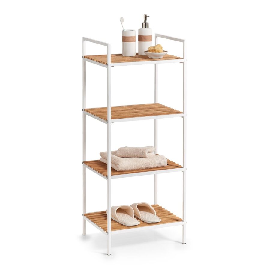 Standregal m. 4 Ablagen, Metall/Bambus, weiß – Ansicht 2