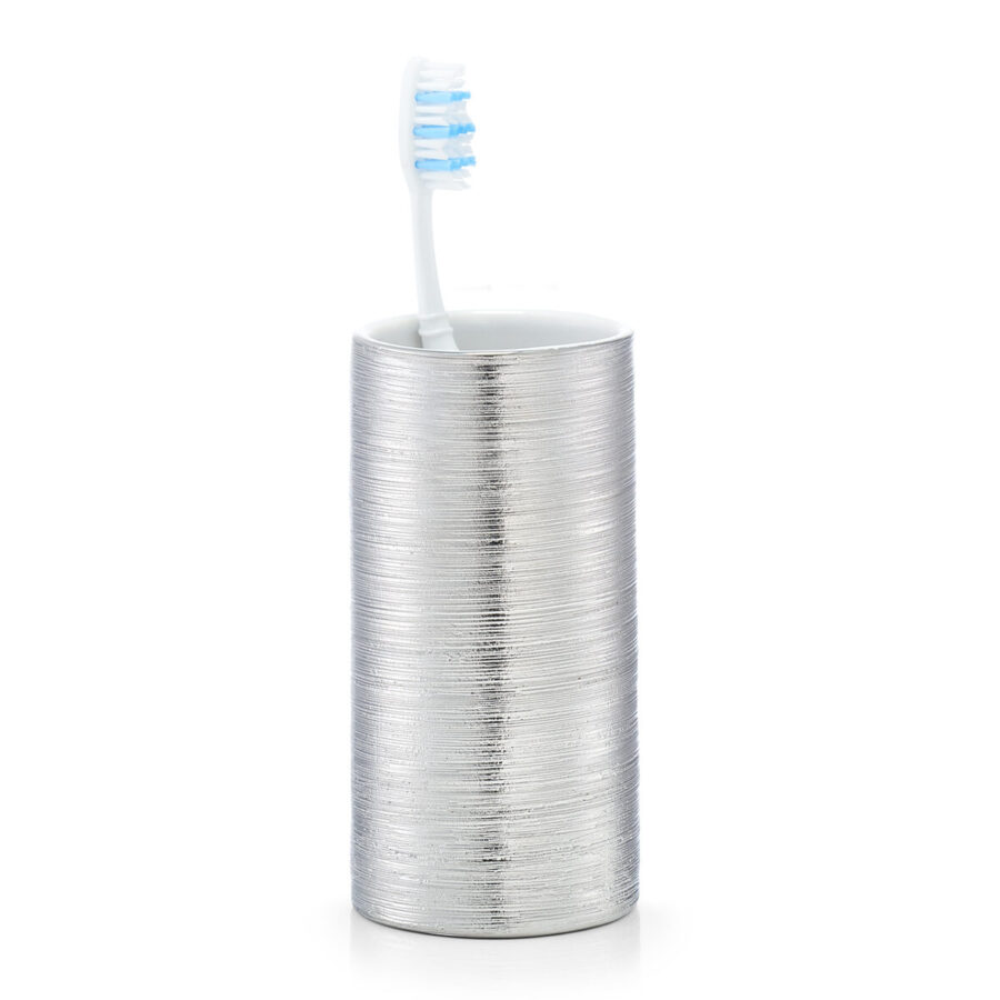 Zahnputzbecher 'Brushed', Steinzeug, silber – Ansicht 2