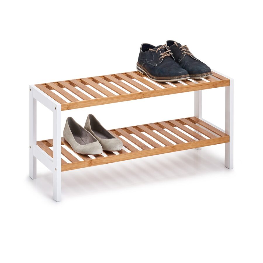 Schuhregal m. 2 Ablagen, Bambus/MDF, weiß – Ansicht 3