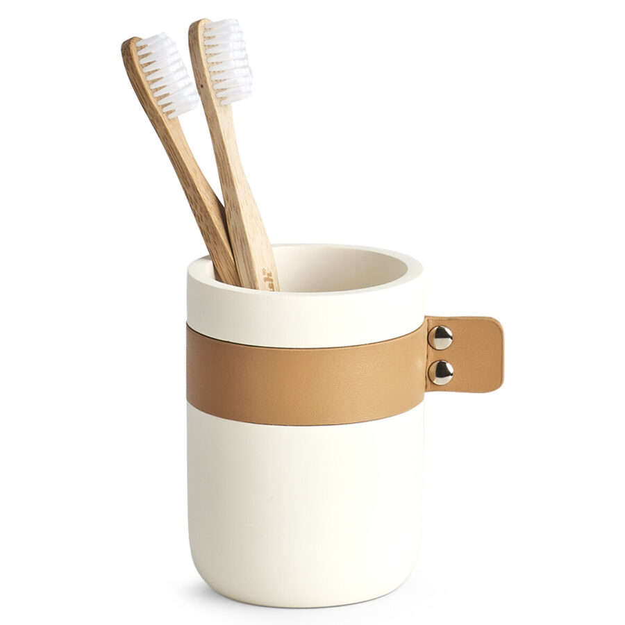 Zahnputzbecher, Polyresin/Kunstleder, creme – Ansicht 2