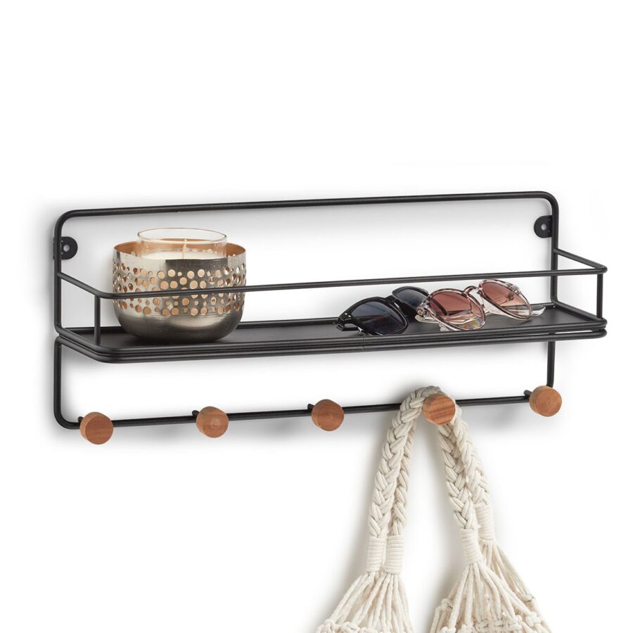 Wandregal m. Haken, Metall/Holz, schwarz – Ansicht 4