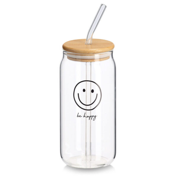 Trinkglas "Happy" m. Bambusdeckel u. Glastrinkhalm