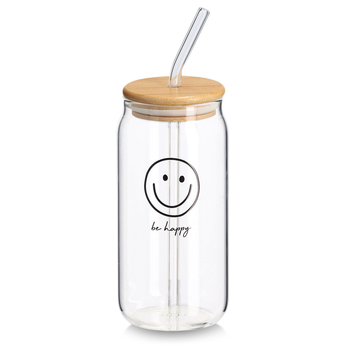 Trinkglas "Happy" m. Bambusdeckel u. Glastrinkhalm