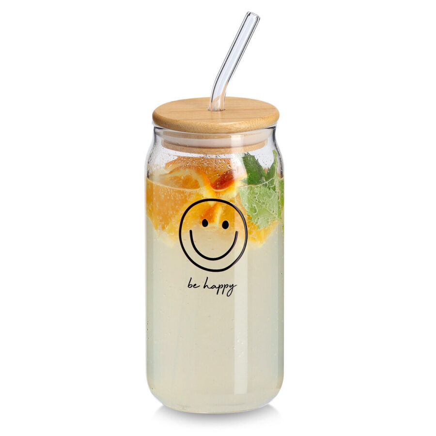 Trinkglas "Happy" m. Bambusdeckel u. Glastrinkhalm – Ansicht 3