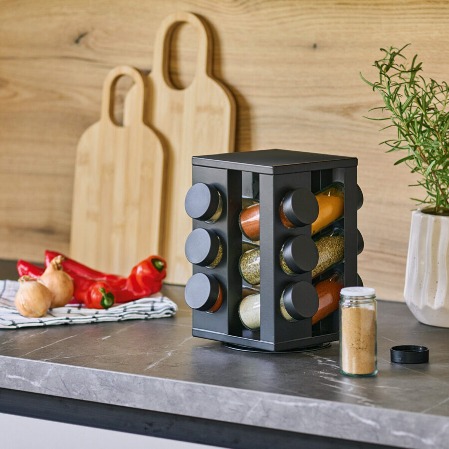 Gewürzrondell mit 12 Gläsern, Metall/Glas, schwarz – Lifestyle 1