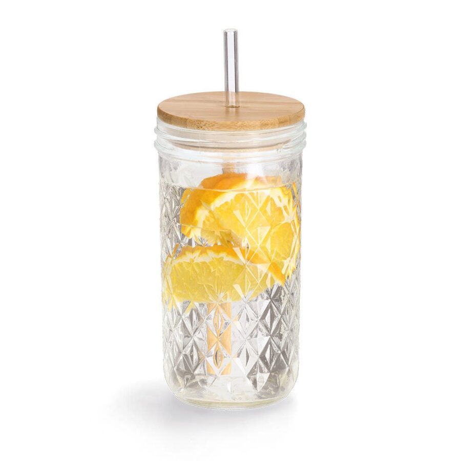 Trinkglas m. Bambusdeckel u. Glasstrohhalm, – Ansicht 2