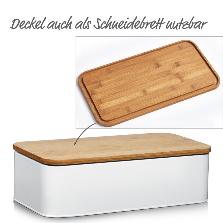 Brotkasten m. Bambusdeckel, Metall, matt weiß – Ansicht 2