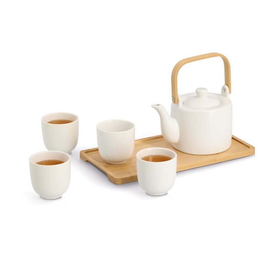 Tee-Set, 6-tlg. Steingut/Bambus, weiß – Ansicht 2