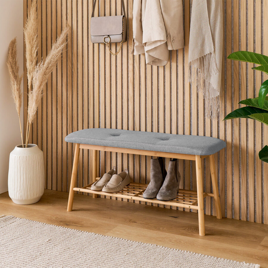 Schuhbank m. Ablage, Bambus/Leinen, grau – Lifestyle 1